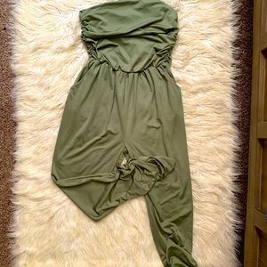 Olive green strapless ruched jump suit